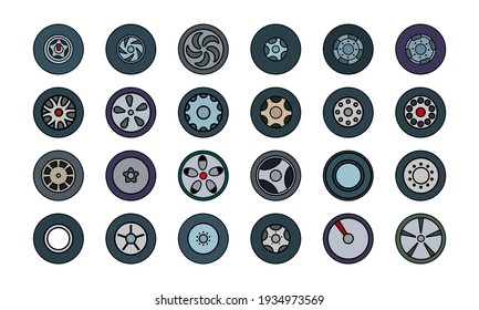 Set of colored icons of tires and wheels. Flat flat style. Vector illustration.