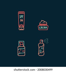 A set of colored icons with tools for makeup and facial care. Cosmetics, creams, tubes, masks, ointments for self-care. Linear icons collection for Spa salon. Vector illustration