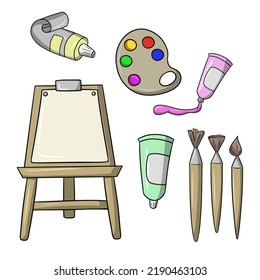 A set of colored icons, tools for visual creativity, tubes of paints, a brush and an easel, a vector in cartoon style