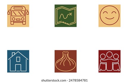 set of colored icons for traveling. map, khinkali, food, fun, overnight, transfer	