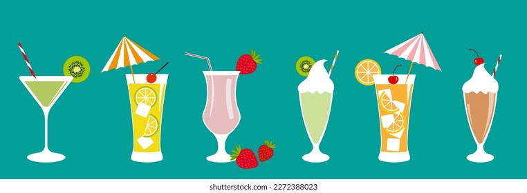 A set of colored icons of various cocktails - tropical, citrus, strawberry, kiwi, milk, cherry.