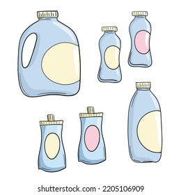 Un conjunto de iconos de color, varios recipientes de plástico claro con leche, kefir, yogur, ilustración vectorial en estilo de dibujos animados sobre un fondo blanco