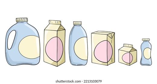 A set of colored icons, various light plastic containers with milk and juice, vector illustration in cartoon style on a white background