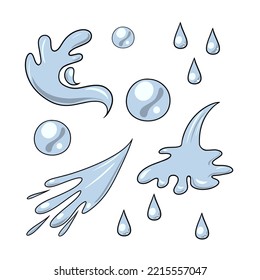 A set of colored icons, various splashes, waves and water drops in cartoon style, vector illustration on a white background