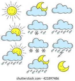 Set of colored icons weather. Doodle vector illustration  contour