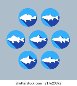 Set of colored icons for website and mobile application. Flat design. Vector. Editable. Pets and food. Fish.