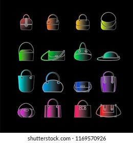 set of colored icons of womens bags in the style of flat