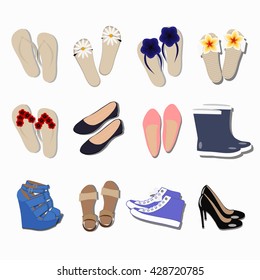 set of colored icons of women's shoes. collection of fashionable women's shoes. Icons for store or sale. Vector illustration