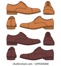 Set of colored illustrations with classic mens shoes. Isolated vector objects on white background.