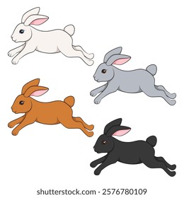 Set of colored illustrations with cute jumping bunny. Isolated vector objects on white background.