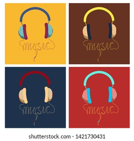 Set of colored illustrations with earphones and the word "music" from the wires. Cards for music lovers. Can be used for Postcards, posters, t-shirts.