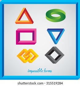 A set of colored impossible figures in an impossible frame.