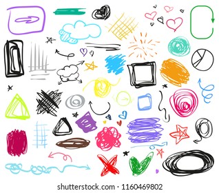 Set of colored infographic elements on isolated background. Big collection of different signs on white. Hand drawn elements. Shapes for inscriptions. Line art. Abstract circles, arrows and frames