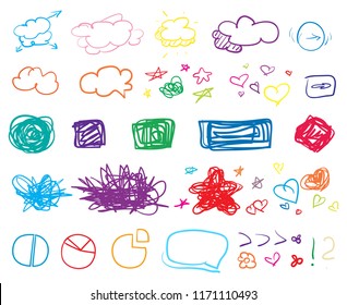 Set of colored infographic elements on isolated background. Big collection of different signs on white. Hand drawn elements. Shapes for inscriptions. Line art. Abstract circles, squares and frames