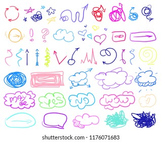 Set of colored infographic elements on isolated background. Big collection of different signs on white. Hand drawn elements. Shapes for inscriptions. Line art. Abstract circles, squares and frames