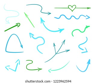 Set of colored infographic elements on isolated background. Hand drawn pointers on white. Colorful arrows. Line art. Set of different signs