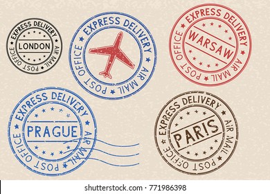 Set of colored ink postmarks with european cities. On beige background. Vector illustration