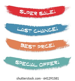 Set of colored ink stroke. Sale, special offer, last chance, best price