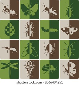 set of colored insects icons with shadows half