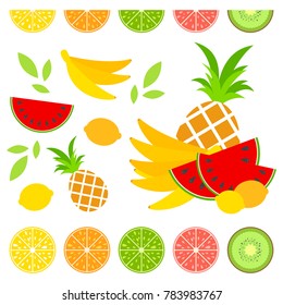 A set of colored insulated delicious fruits on a white background. Juicy, bright, delicious tropical food. Simple flat vector illustration. Suitable for design of packages, postcards, advertising.