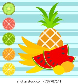  Set of colored insulated delicious fruits on a striped background. Juicy, bright, delicious tropical food. Simple flat vector illustration. Suitable for design of packages, postcards, advertising.