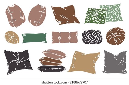 Set Of Colored Interior Elements. Home Decor Clipart With Pillows. Flat Textile. Stylish Cozy Isolated Elements.