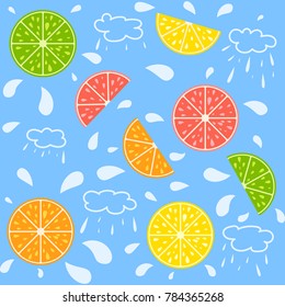 Set of colored isolated apetitic fruit slices on a blue background. Juicy, bright, delicious tropical food. Simple flat vector illustration. Suitable for design of packages, postcards, advertising.