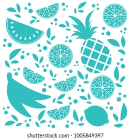 Set of colored isolated apetitic fruits silhouettes on a white background. Juicy, delicious tropical food. Simple flat vector illustration. Suitable for design of packages, postcards, advertising.