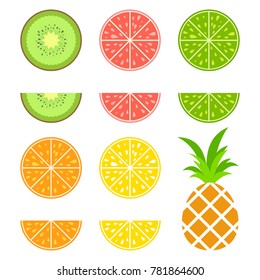 Set of colored isolated apetitic fruits on a white background. Juicy, bright, delicious tropical food. Simple flat vector illustration. Kiwi, grapefruit, lime, orange, lemon, pineapple