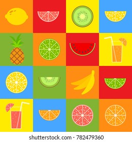 Set of colored isolated apetitic fruits on a background of squares. Juicy, bright, delicious tropical food. Simple flat vector illustration. Suitable for design of packages, postcards, advertising.