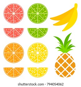 Set of colored isolated apetitic fruits on a white background. Juicy, bright, delicious tropical food. Simple flat vector illustration. Grapefruit, lime, orange, lemon, pineapple, banana