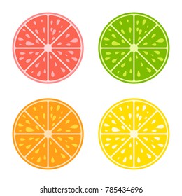 Set of colored isolated apetitic slices of fruit on white background. Juicy, bright, delicious tropical food. Simple flat vector illustration. Suitable for design of packages, postcards, advertising.