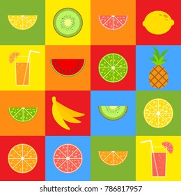 Set of colored isolated appetizing fruit on the squares. Juicy, bright, delicious tropical food. Simple flat vector illustration. Suitable for design of packages, postcards, advertising.