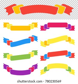 Set of colored isolated banner ribbons on a transparent and white background. Simple flat vector illustration. With space for text. Suitable for infographics, design, advertising, holidays, labels.