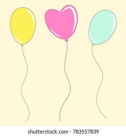 Set of colored isolated cute balloons on a beige background. Simple flat vector illustration. Suitable for the design of postcards, weddings, holidays, sites.