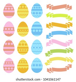 Set of colored isolated Easter eggs and ribbon banners on white background. With an abstract pattern. Simple flat vector illustration. Suitable for decoration of postcards, advertising, magazines.