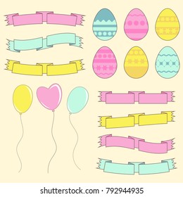 Set of colored isolated Easter eggs, ribbons of banners and balloons on a light background. Simple flat vector illustration. Suitable for decoration of postcards, advertising, magazines, websites.