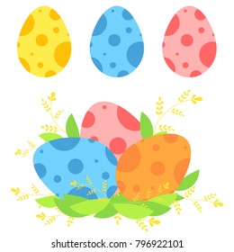 Set of colored isolated Easter eggs on a white background. With an abstract pattern. In the nest of the leaves. Simple flat vector illustration. Suitable for decoration of postcards, advertising, 