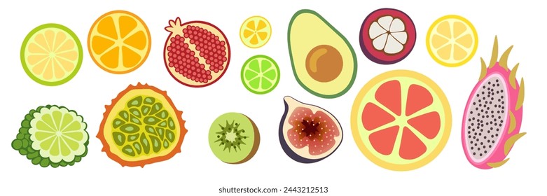 set of colored isolated fruits in flat style in vector. image of natural healthy eco food.template for logo sticker poster print decor design app web page
