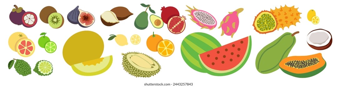 set of colored isolated fruits in flat style in vector. image of natural healthy eco food.template for logo sticker poster print decor design app web page