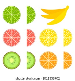 A set of colored isolated halves of mouth-watering fruits. Juicy, bright, delicious tropical food. Lime, lemon, grapefruit, orange, kiwi, a bunch of bananas. Simple flat vector illustration.