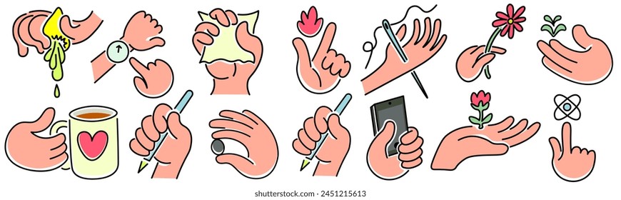 set of colored isolated linear icons hands gestures in doodle style in vector. icon template for app logo sticker poster print design