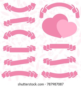 Set of colored isolated silhouettes of cute hearts and ribbon banners on white background. Simple flat vector illustration. Design for St. Valentine s Day