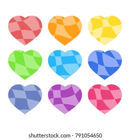 Set of colored isolated silhouettes of hearts on a white background. With a stylish abstract pattern. Simple flat vector illustration. Suitable for decoration of postcards, weddings, holidays, sites.