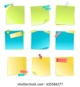 Set of colored isolated sticky notes with paper clip and adhesive tape isolated on white background realistic vector illustration