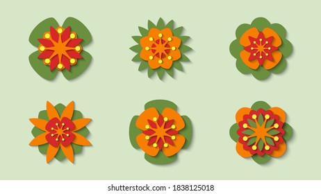Set of colored isolated stylized flowers in papercut style