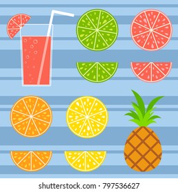 Set of colored isolated tasty citrus fruits on a striped background. Juicy, bright, delicious tropical food. Lime, lemon, grapefruit, orange, pineapple. A glass with a cocktail and a straw. 