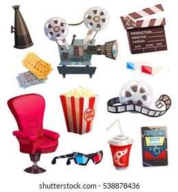 Set of colored isometric cartoon cinema icons in retro style with director chair projector 3d glasses isolated vector illustration