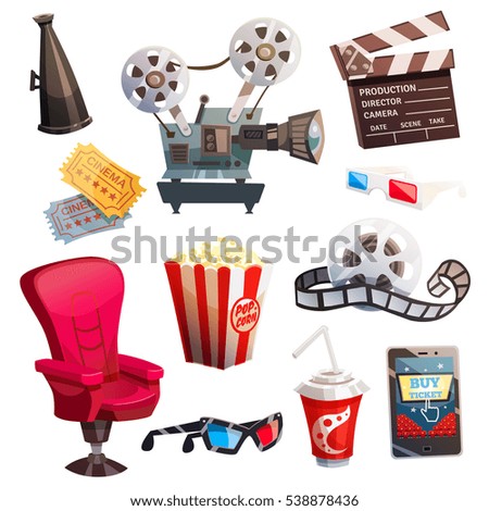 Set of colored isometric cartoon cinema icons in retro style with director chair projector 3d glasses isolated vector illustration