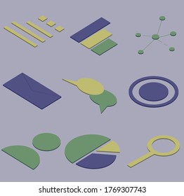 Set of colored isometric icons. Can be used for business, SMM, meetings and digital marketing.